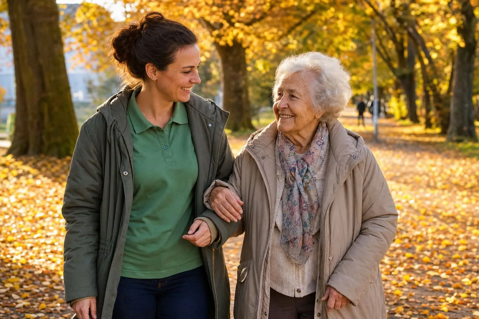 Alltagshelferin beim Spaziergang mit einer älteren Dame im Park